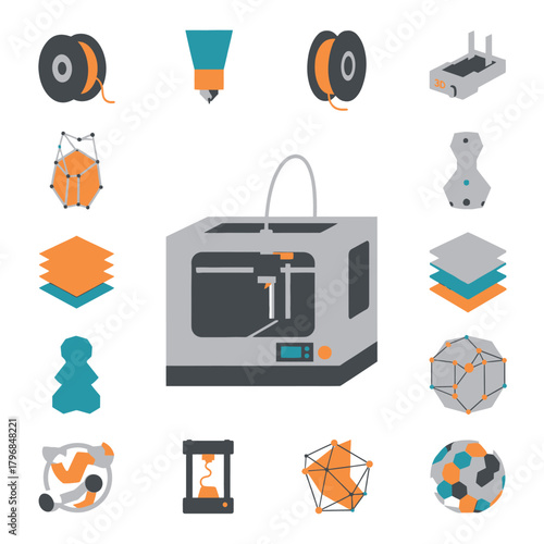 Flat vector graphic illustrating a 3D printer and related components. Stylized, clean shapes, vibrant colors