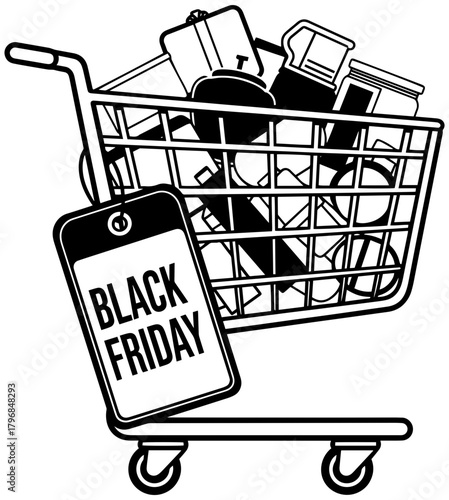 Black Friday shopping cart bursting with deals for holiday sales event excitement