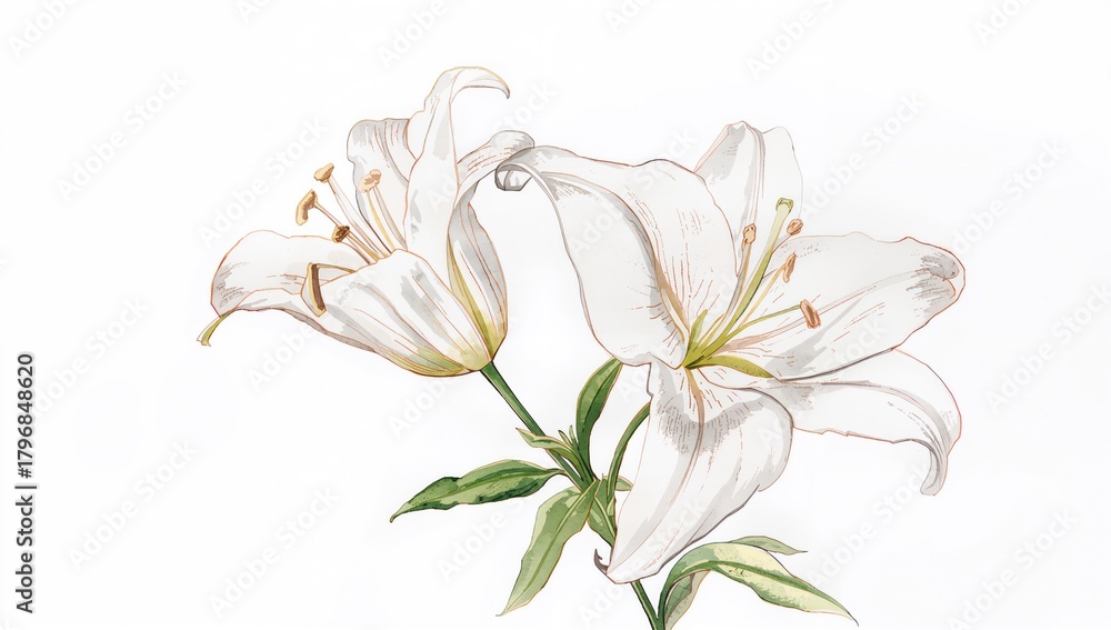 Fototapeta premium Watercolor illustration of white lilies, delicate floral design, suitable for editorial header background