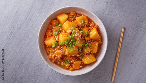 Fototapeta Naklejka Na Ścianę i Meble -  Bowl filled with pineapple kimchi, a fiber-dense choice, World Kimchi Day