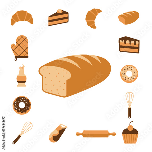 A collection of baked goods and cooking tools, arranged artfully. Mostly earth-toned graphics