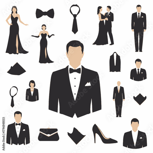 Formal attire and accessories, showing couples, suits, evening gowns, ties, and details