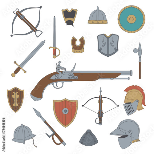 A collection of various medieval and renaissance weapons and armor, illustrated on a white background
