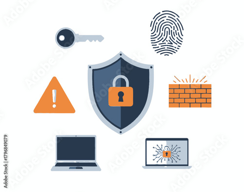 A set of security icons key, fingerprint, warning, shield with lock, firewall, & laptops