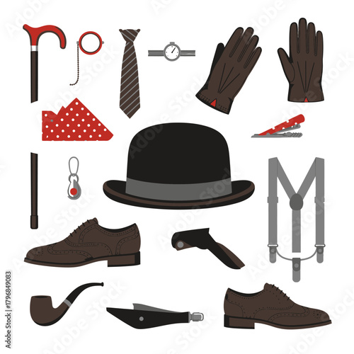 A collection of assorted men's accessories shoes, hat, gloves, tie, pocket watch, etc