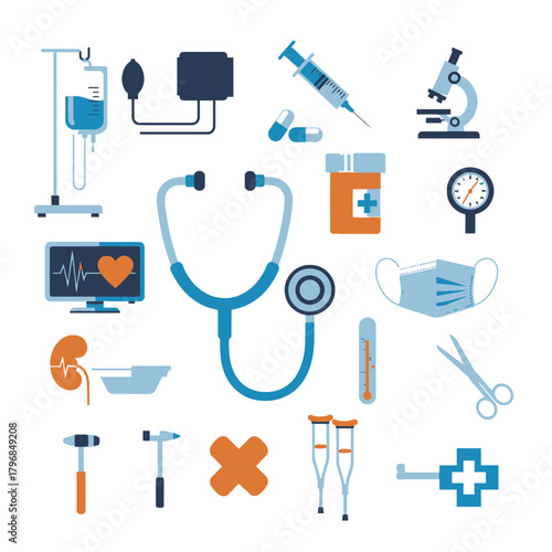 Assortment of medical equipment and tools isolated on white. Includes stethoscope, syringe, and other items