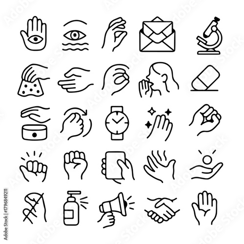 A collection of hand icons representing various actions and objects. A visual representation of hand gestures and the items