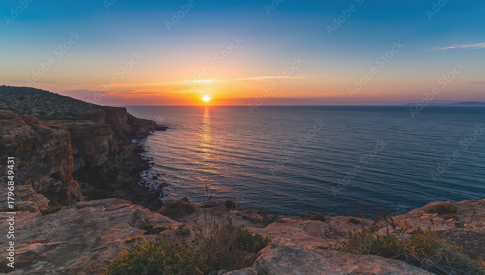 Fototapeta premium Sunset over rocky cliffs during summer, showcasing vibrant colors and natural beauty, seasonal change