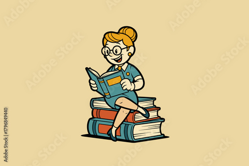 Cartoon woman sitting on stack of books reading a book.