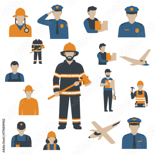A collection of various professional figures, including firefighters, police, and delivery workers