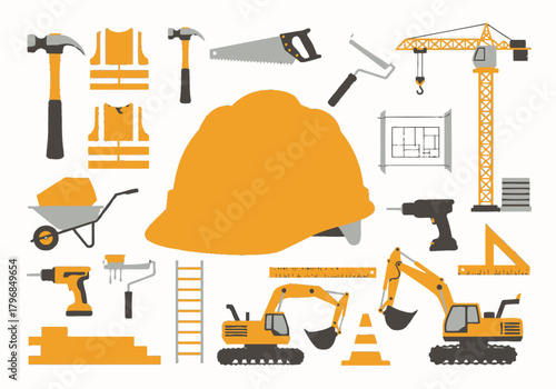 Flat illustration of construction tools and equipment, including a crane, hard hat, and vehicles