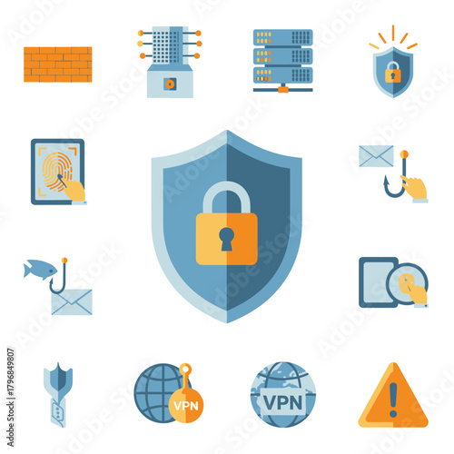 Digital security graphic with icons representing security measures and threats