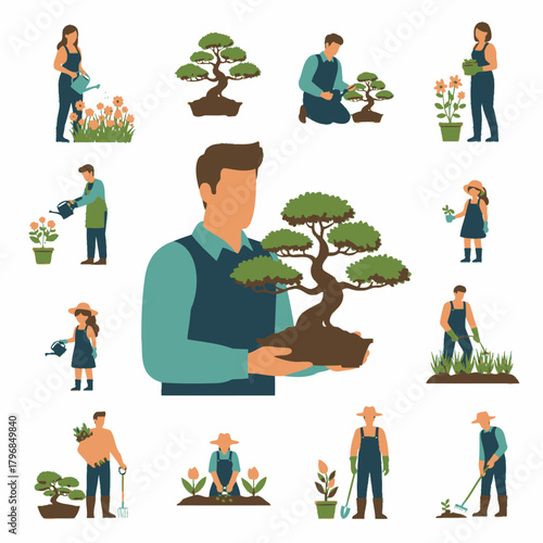 Colorful illustrated image depicting people gardening and taking care of various plants and trees