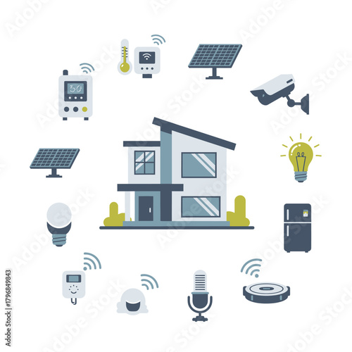 A modern house surrounded by smart home devices, showcasing connectivity and automation