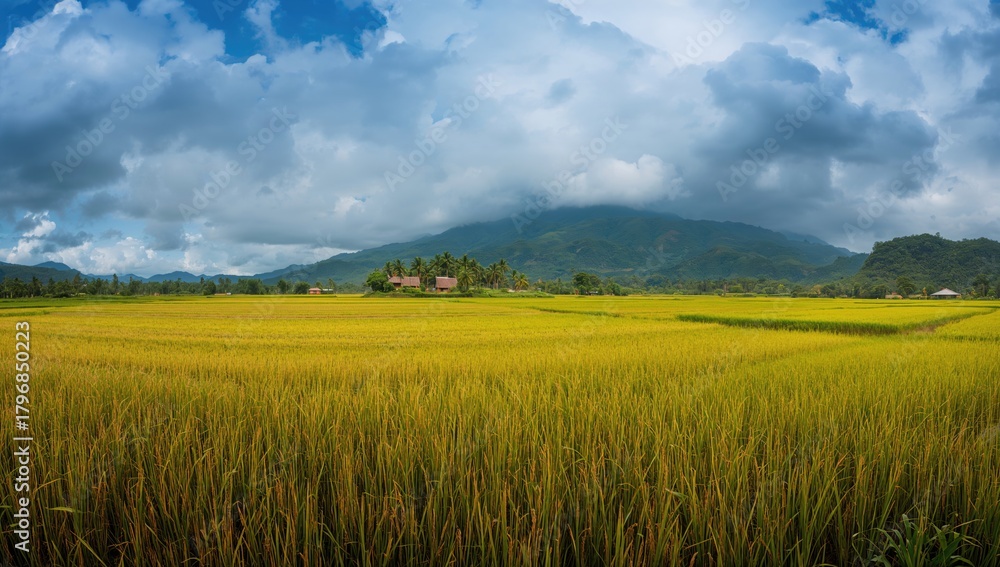 Fototapeta premium Over mountains and golden rice fields with modest wooden houses, erosion risk
