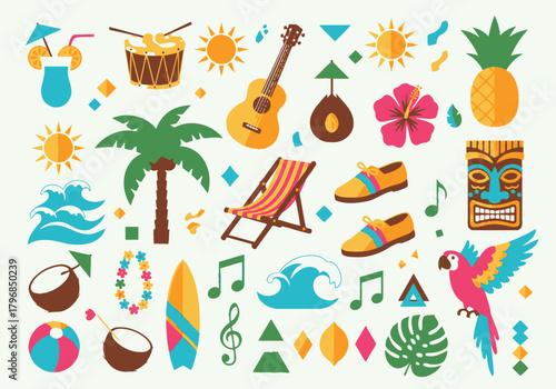 Colorful vector illustration featuring tropical elements like cocktails, waves, palm trees, and a parrot
