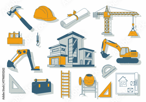 Assortment of construction-related vector icons. Featuring tools, equipment, a house, and blueprints