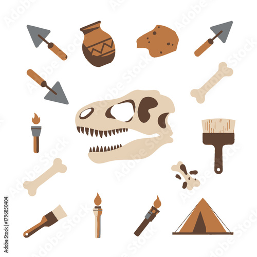 An illustration features an assortment of archeological tools and a dinosaur skull