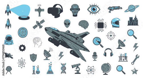 A collection of vectorized illustrations featuring technology, science, and space-themed elements