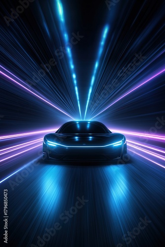 Futuristic electric car driving on road surrounded by blue and purple neon lights with dark background and light rays