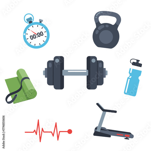 Collection of various workout equipment icons stopwatch, kettlebell, dumbbell, water bottle, yoga mat