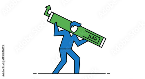 Man struggles to carry a heavy bar chart, representing business challenges and growth