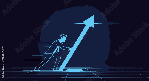 Silhouette of a businessman pushing a rising arrow upwards, symbolizing growth, progress, and success in business endeavors