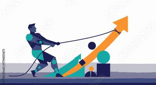 Determined individual pulls a large upward-pointing arrow, symbolizing strategic effort and a successful journey towards achieving business goals and market growth