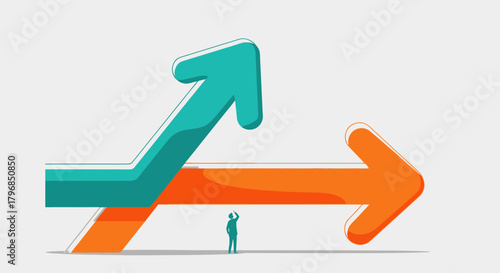 A strategic business decision depicted by a person choosing between an upward trend arrow and an alternate stable direction