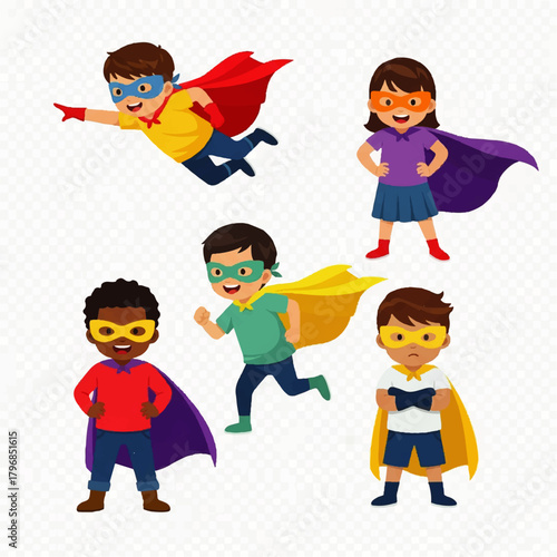 Group of diverse cartoon superheroes flying and posing in colorful capes.