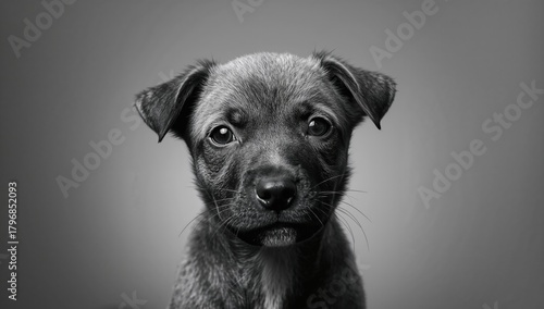 Dog's head in monochrome, emphasizing cuteness and domesticity