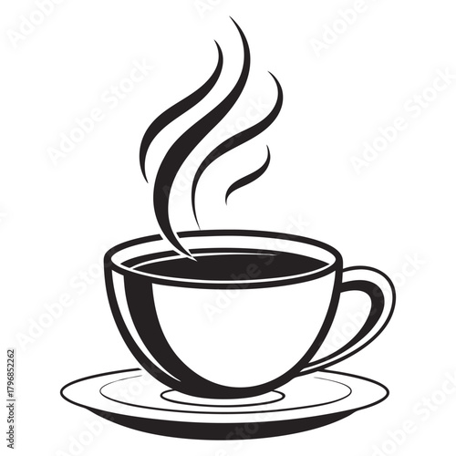 Steaming hot coffee cup and saucer illustration with wisps of steam