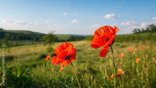 Fototapeta Naklejka Na Ścianę i Meble -  Wild poppy flowers against a summer sky, showcasing vibrant colors in a natural landscape