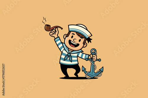 Cartoon Sailor Boy Holding Anchor and Smoking Pipe.