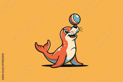 Circus Seal Balancing Ball on Nose Cartoon Illustration.