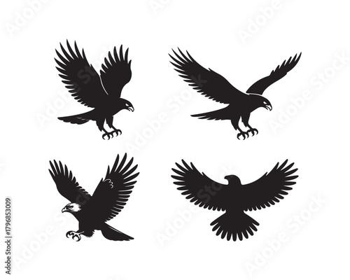 hawk silhouette, hawk vector, hawk collection, hawk set, bird of prey silhouette, flying hawk, hunting hawk, soaring hawk, majestic hawk design, forest hawk silhouette, sky hunter hawk vector