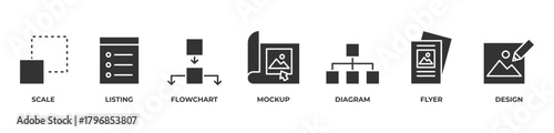 Design Blueprint Icons set vector illustration glyph with Scale, Listing, Flowchart, Mockup, Diagram, Flyer, Design
