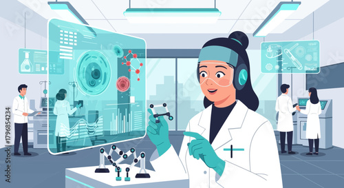 Futuristic laboratory research: scientists conducting experiments with advanced technologies