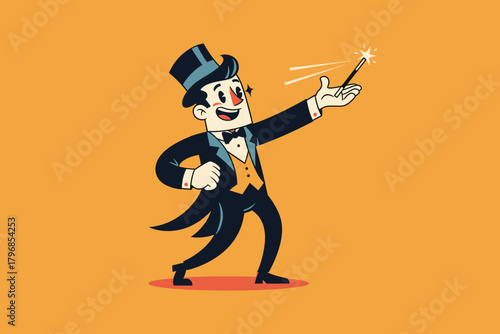Cartoon Magician Performing a Magic Trick with a Wand.