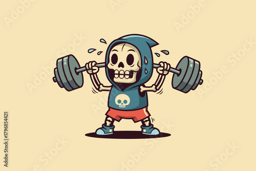 Skeleton Character Lifting Weights Cartoon Style.