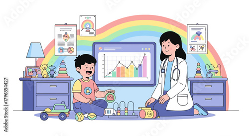Pediatric consultation illustrated with cheerful doctor and happy young patient