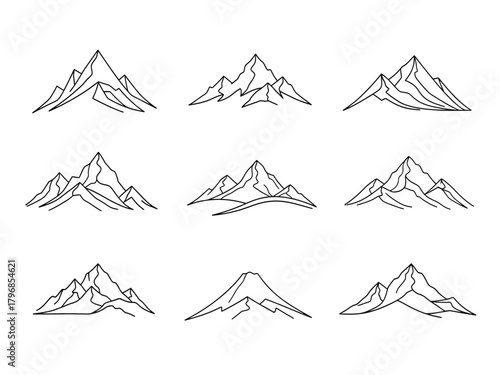 A set of nine minimalist mountain range icons depicted in a simple black and white line art style.