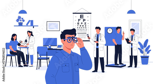 Healthcare practice illustration: diverse medical examinations and patient care