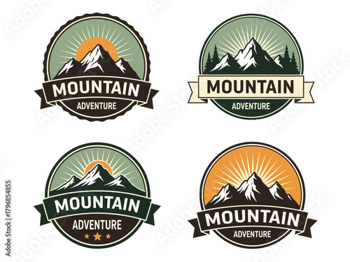 A collection of four vintage mountain adventure logos and emblems for outdoor exploration.