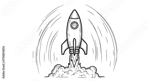 Vintage rocket launch illustration with smoke and motion lines