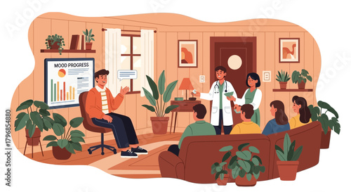 Group therapy session emphasizing mood progress and collaborative recovery process