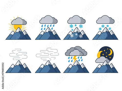 A collection of eight flat vector icons depicting various weather conditions over a mountain, including sun, rain, snow, wind, and night.