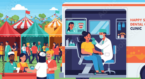 Mobile dental clinic providing free checkups to a community at the town festival