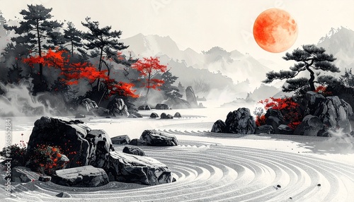 Wallpaper Mural Sumi-e Landscape with Crimson Moon and Pine Trees Torontodigital.ca