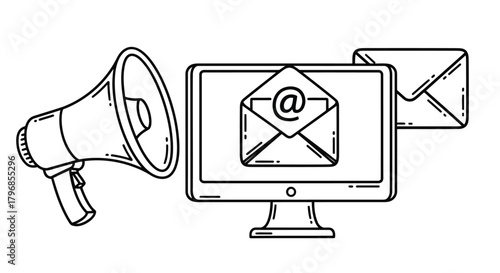 Vintage megaphone amplifying email notifications from computer screen